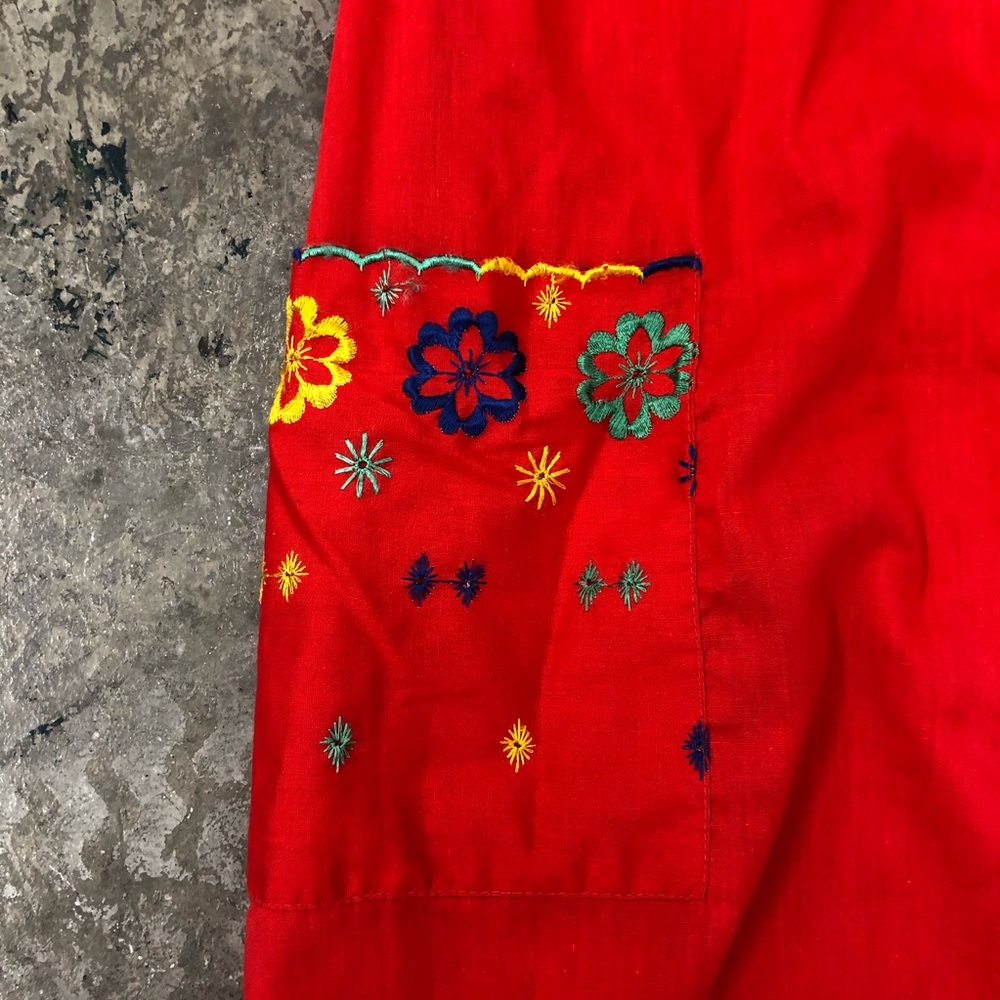 Vtg 80s Apron Midi Dress Americana Red Floral M/L - Picture 3 of 6